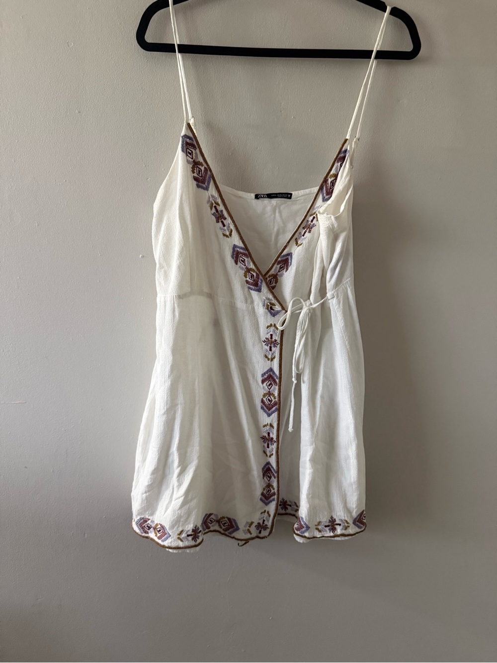 Zara White Embroidered V-Neck Mini Dress